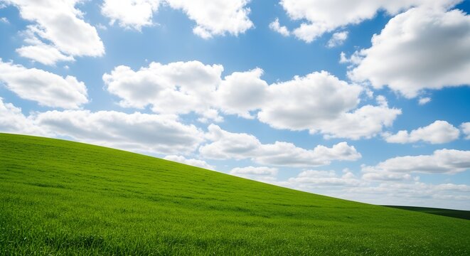 A serene green rolling hill under a bright blue sky filled with fluffy white clouds, evoking a sense of peace and natural beauty