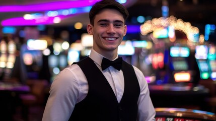 Young man standing casino He is wearing black Dedicated Host