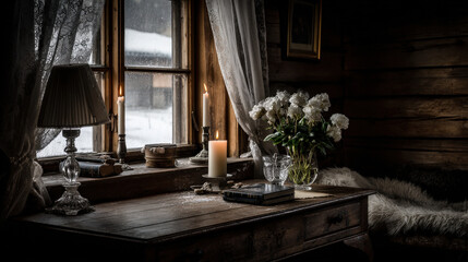 icon placed in corner of cozy room next to snowcovered window creates tranquil atmosphere