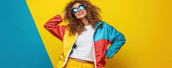 Young woman curly hair wearing colorful jacket sunglasses Portrait of Cheerful