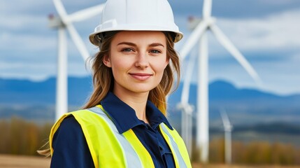 Young woman wearing white hard hat high visibility Female engineer standing
