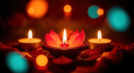 Warm glow of floating lotus flower candles and bokeh lights for serene ambiance