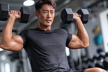 a young man is working out in the gym. he holds dumbbells on an exercise bench while wearing black shorts and a short-sleeved t-shirt