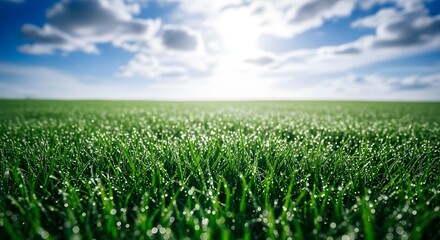 Vibrant green grass glistening with fresh morning dew under a brilliant sun and clear blue sky, evoking a sense of natural beauty, tranquility, and new beginnings
