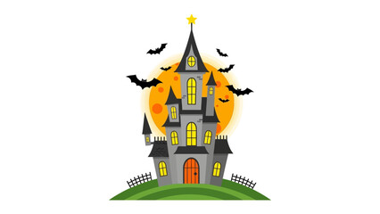 Spooky Halloween House at night: A whimsical illustration depicts a spooky Halloween house silhouetted against a full moon with bats soaring overhead.