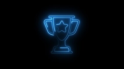 Vibrant glowing neon blue trophy cup with a star outline animation on a black background, award, victory, achievement, success, or competition