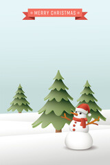 Merry Christmas calligraphy in cute winter landscape with 3D snowman and pine trees on light blue sky vertical background graphic illustration have blank space.