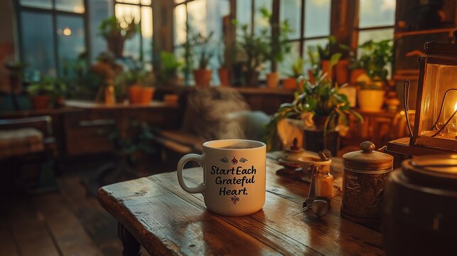A cozy steaming coffee mug on a wooden table with inspirational text that says start each day with a grateful heart surrounded by plants and warm lighting