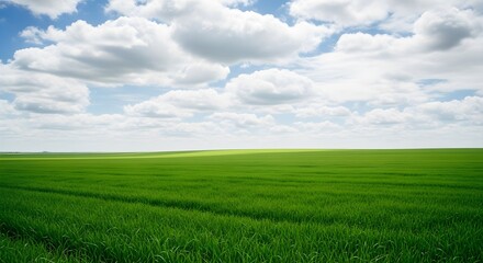 Obraz premium A vast expanse of green grass fields under a sky full of fluffy white clouds, stretching to the horizon.