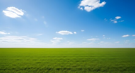 Fototapeta premium Vast green field stretching into the distance under a clear blue sky with scattered white clouds