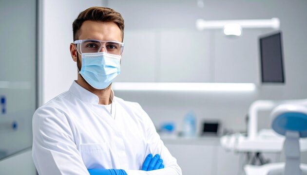 Close-up view of a professional male dentist wearing protective glasses, mask, and white lab coat in a modern dental office, ready for patient care and oral health procedures