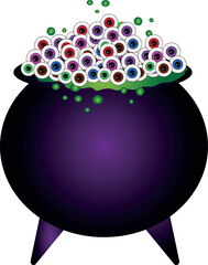 Witch's cauldron with eyes inside and green potion, illustration, Halloween theme