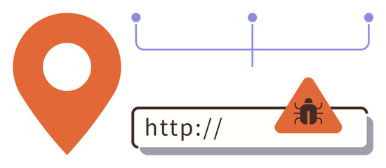 HTTP address bar with malware alert symbol, orange location pin, and network connections. Ideal for data security, internet safety, fraud detection, geotracking, cybercrime, hacking prevention