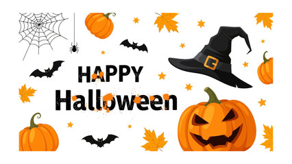Halloween Festive Delight: A captivating illustration of a Happy Halloween scene, complete with iconic symbols such as jack-o'-lanterns, spooky bats, and autumn leaves.