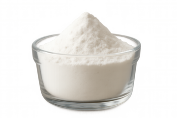 White powder ingredient filling glass bowl, baking soda or flour for cooking on transparent background