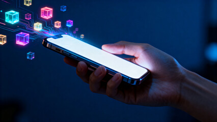 person holding a glowing mobile phone surrounded by floating tech cubes, creating a futuristic atmosphere of innovation, connectivity, and digital advancement.Generated by AI