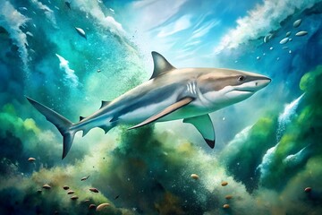 Obraz premium A majestic great white shark gracefully swims through the ocean depths, surrounded by sunlight filtering through the water, creating a serene underwater scene