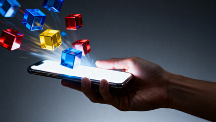 person holding a glowing mobile phone surrounded by floating tech cubes, creating a futuristic atmosphere of innovation, connectivity, and digital advancement.Generated by AI