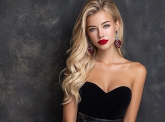 blonde woman in black dress, red lipstick and earrings posing on dark grey background