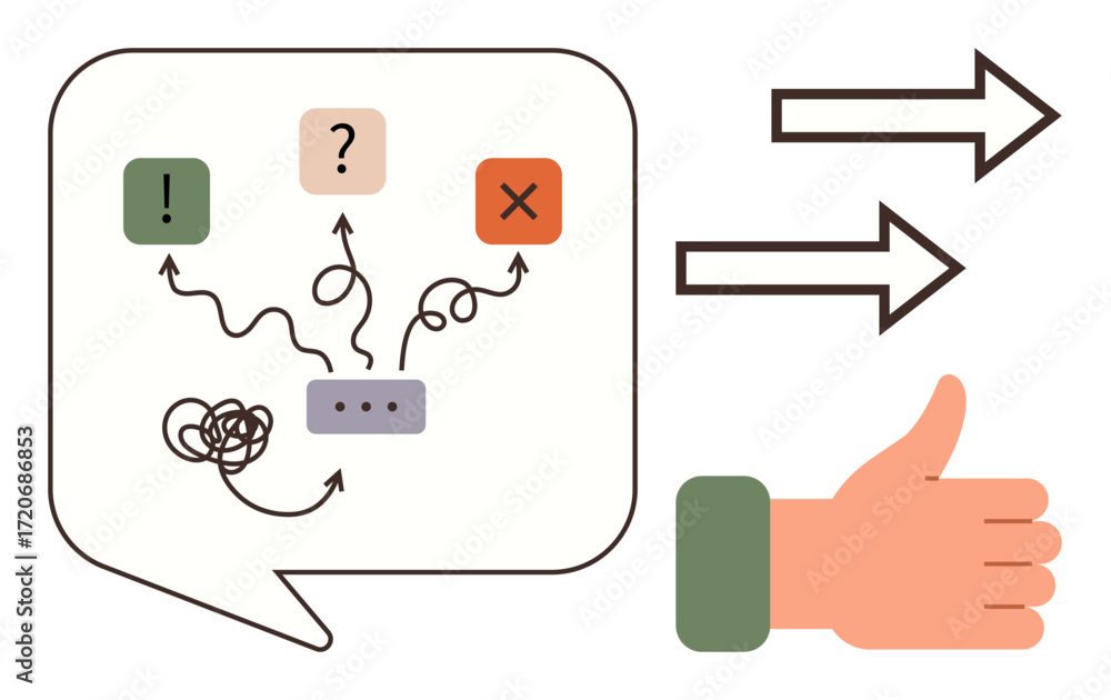 Poster speech bubble with decision paths through icons , , x, hand with thumbs up, double arrows. ideal for