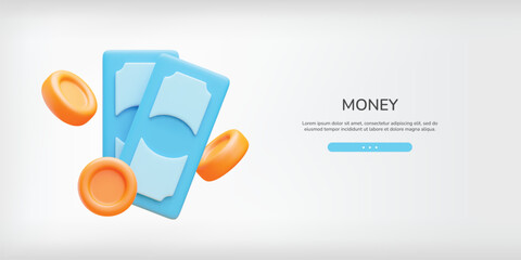 3D money landing page. Paper banknote and gold floating coins. Vector symbol of cash payment bill. Financial sign, win money concept, investment, banking.