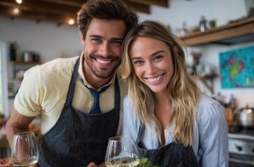 happy man and woman cooking together, wine glass in hand, home kitchen with white walls