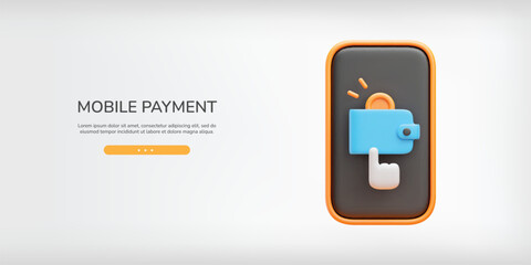 Online wallet 3D banner. Realistic smartphone with coin inside wallet and hand cursor on screen. Mobile wallet, online payment and money transfer web page. Vector lending page