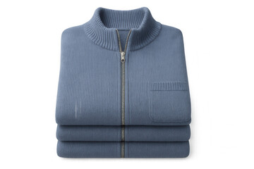 Folded blue zip-up knit sweater with collar and pocket, soft wool clothing on transparent background