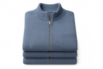 Folded blue zip-up knit sweater with collar and pocket, soft wool clothing on transparent background