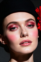 close-up portrait of a woman with flawless exquisite makeup wearing a sleek black hat, her eyes gazing directly with confidence and intensity.advertisement, banner, card.Generated by AI
