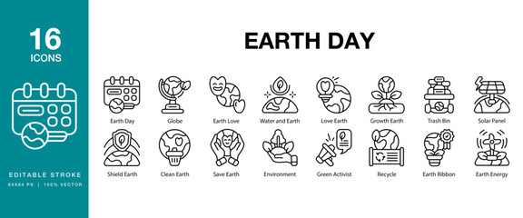 Earth Day icon set. Includes environment, nature, green, globe, earth and More. Editable Stroke Icon Collection.