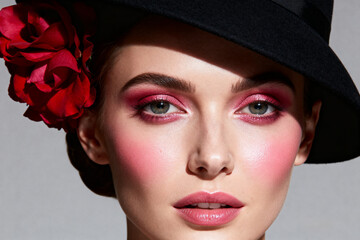 close-up portrait of a woman with flawless exquisite makeup wearing a sleek black hat, her eyes gazing directly with confidence and intensity.advertisement, banner, card.Generated by AI