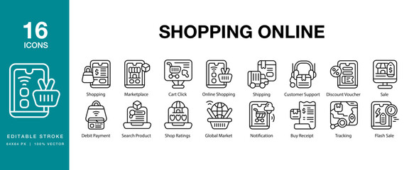 Shopping Online icon set. Includes online, shopping, digital, purchase, business and More. Editable Stroke Icon Collection.