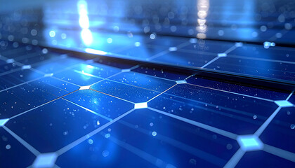 Solar Panels in Blue Light: An evocative image of solar panels bathed in cool blue light, radiating an aura of futuristic innovation. Perfect for illustrating sustainable energy, clean power.