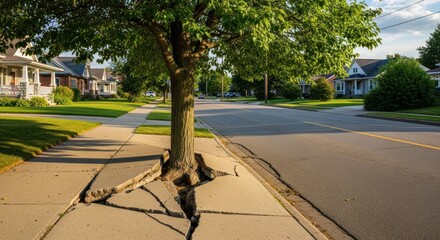 Obraz premium Tree Roots Uprooting Concrete Sidewalk in a Sunny Residential Neighborhood, Illustrating Nature' Impact on Urban Infrastructure and Causing Walkway Damage in a Suburban Setting.