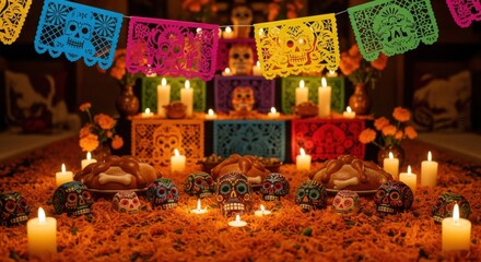 Vibrant day of the dead altar adorned with colorful papel picado candles and offerings.