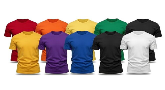 A collection of plain, vibrant colored t-shirts displayed against a pure white background. - Powered by Adobe