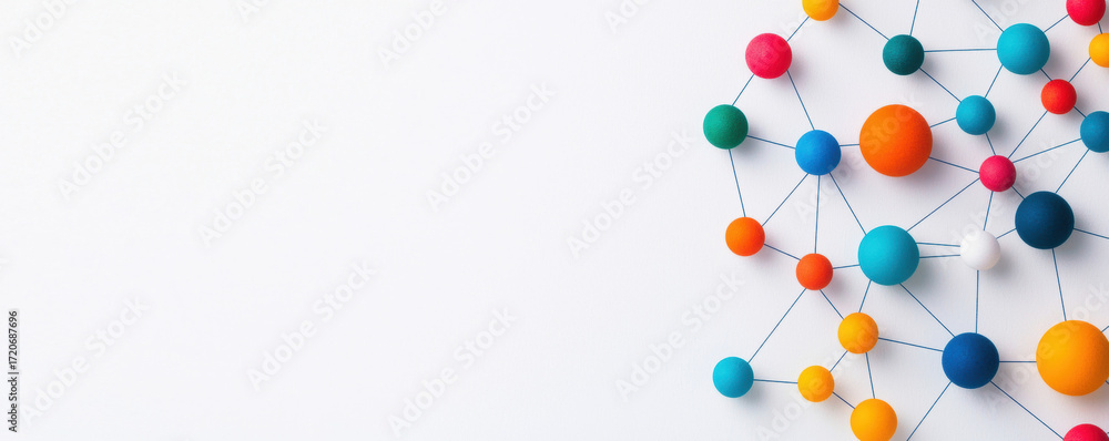 Poster data visualization connectivity network concept with colorful spheres and lines on white background 