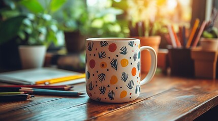 Ceramic coffee mug with a playful pattern of circles and shell-like shapes sits on a wooden desk surrounded by art supplies and lush green plants