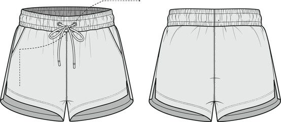 Cad drawing flat vector illustration of women's sports shorts with elastic waistband, drawstring, curved hem, detailed fashion technical sketch