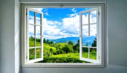 A picturesque view through an open window.  Vast landscape