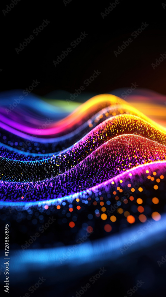 Poster colorful data visualization with glowing connectivity lines and network dots creating dynamic abstra