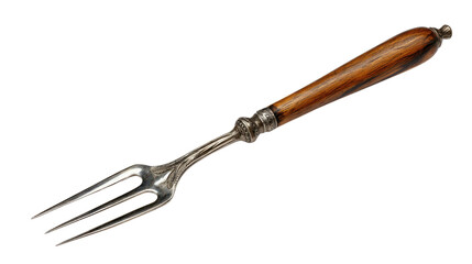 large meat fork with wooden handle on white background