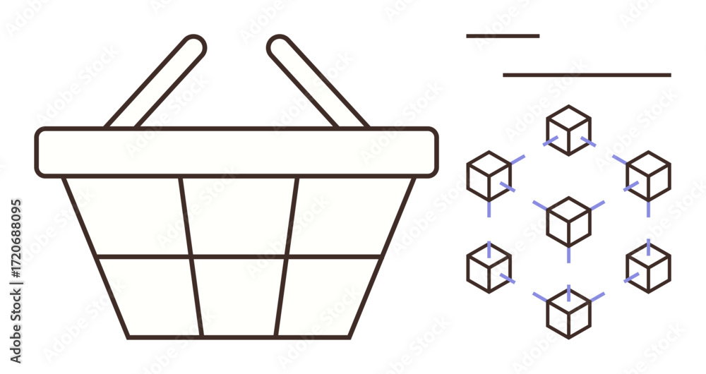Poster shopping basket linked to a blockchain network with interconnected cubes. ideal for e-commerce, bloc