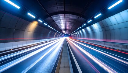 A long exposure shot of a modern urban tunnel at night. Streaking light trails from headlights and taillights create a dynamic sense of motion and speed