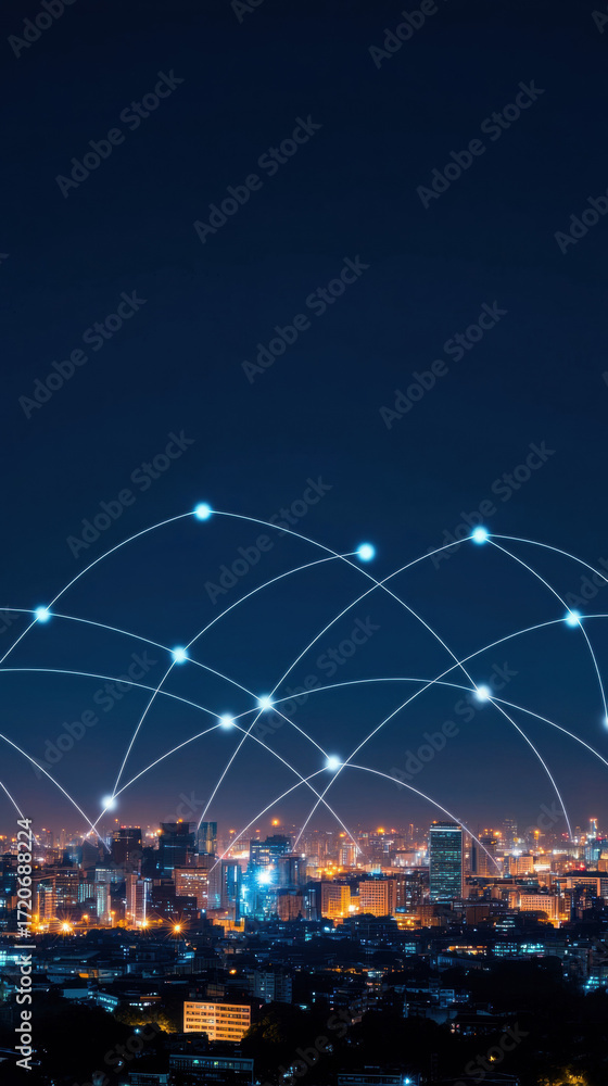 Aufkleber data visualization of city connectivity and network concept with glowing points and lines over urban