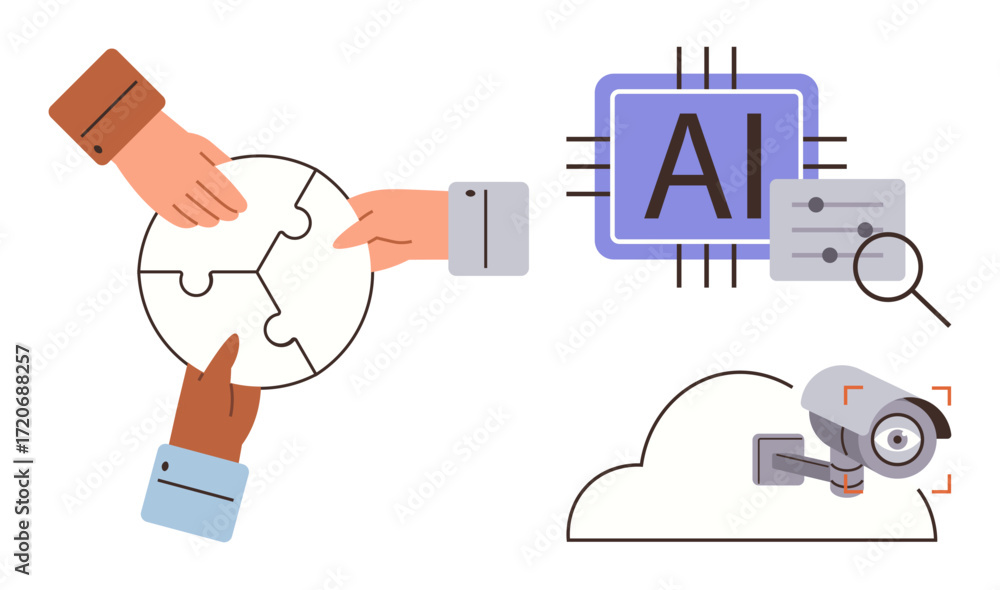Poster hands assembling puzzle, ai chip with settings, and cloud-connected surveillance camera. ideal for t