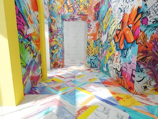 Naklejka premium Colorful gallery room with asymmetric design pop art tones and vinyl tiles