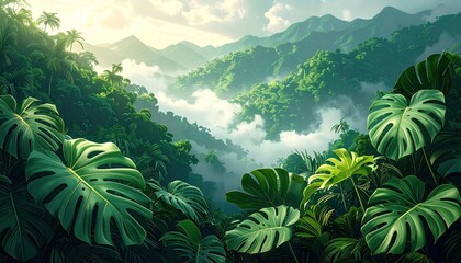 Lush jungle valley, misty mountains