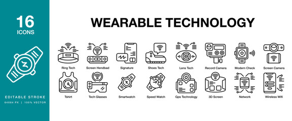 Wearable Technology icon set. Includes wearable, technology, device, innovation, digital and More. Editable Stroke Icon Collection.